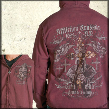 Rock Rebel Clothing - Affliction Crusader Heavyweight Zip Up Hoodie Sweatshirt in Burgundy Lava Wash - SIZE SMALL ONLY